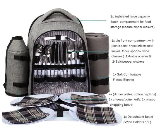 Custom Cooler Compartment Weinbeutel Picknick-Set Multifunktions-4 Personen Picknick Rucksäcke Taschen mit Decke