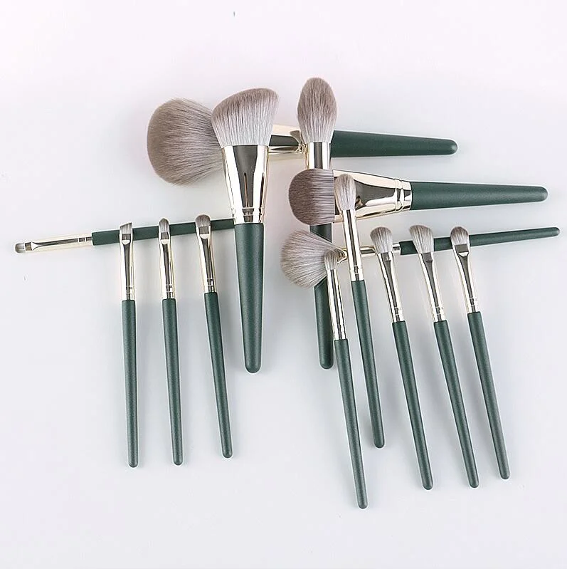 14PCS Green Luxury Set Kit Makeup Brush Private Label Foundation Cosmetic Brushes with PU Bag