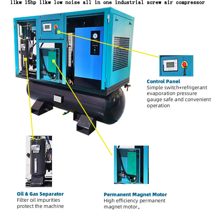 Made in Original Factory 11kw 15HP 11kw Low Noise All in One Industrial Screw Air Compressor Machine Price Affordable