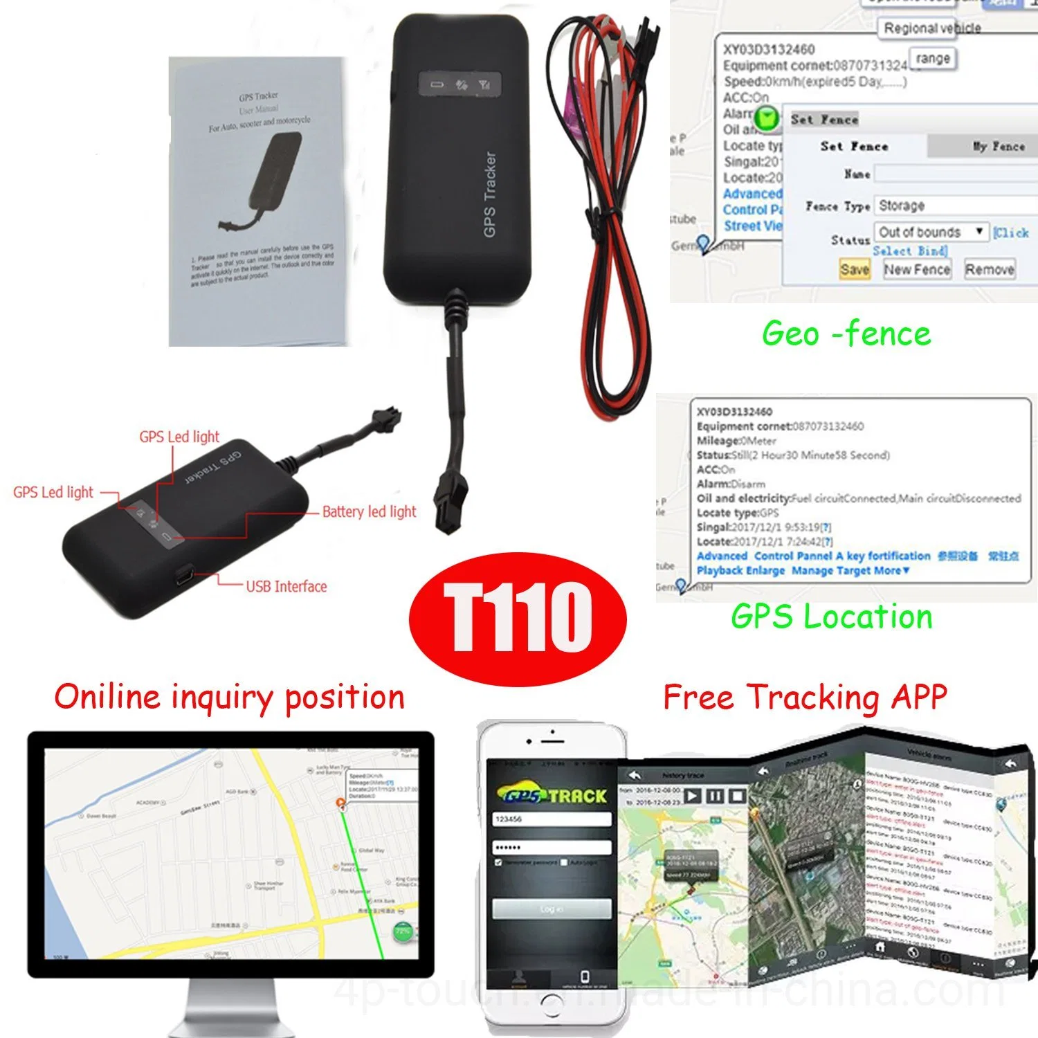 Hot Sell 2G GSM Automotive Car GPS Tracker para motocicleta Vehículo con estadísticas de kilometraje Motor de corte remoto T110