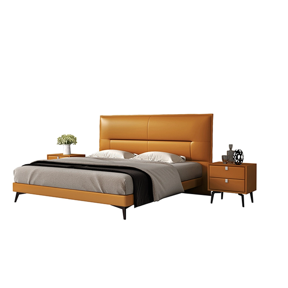 Modern Luxury Leather Cushion Headboard Steel King Size Solid Wood Bed Bedroom Furniture