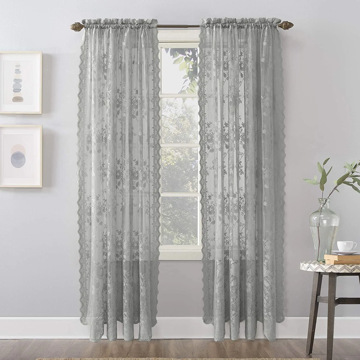 High-Grade Grey Embroidery Flower Screens European Style Lace Curtain Sheer for Bedroom Living Room