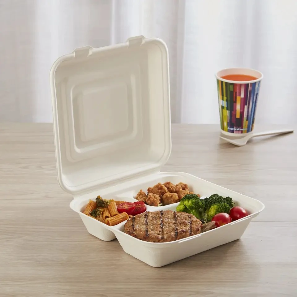 3% biodegradable caña de azúcar Bagasse9" X 9" 100-C contenedor con bisagras