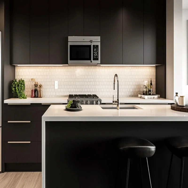Hz لون أسود مسطح أثاث منزلي خشبي لامع للغاية تصميم خزانة المطبخ الحديثة