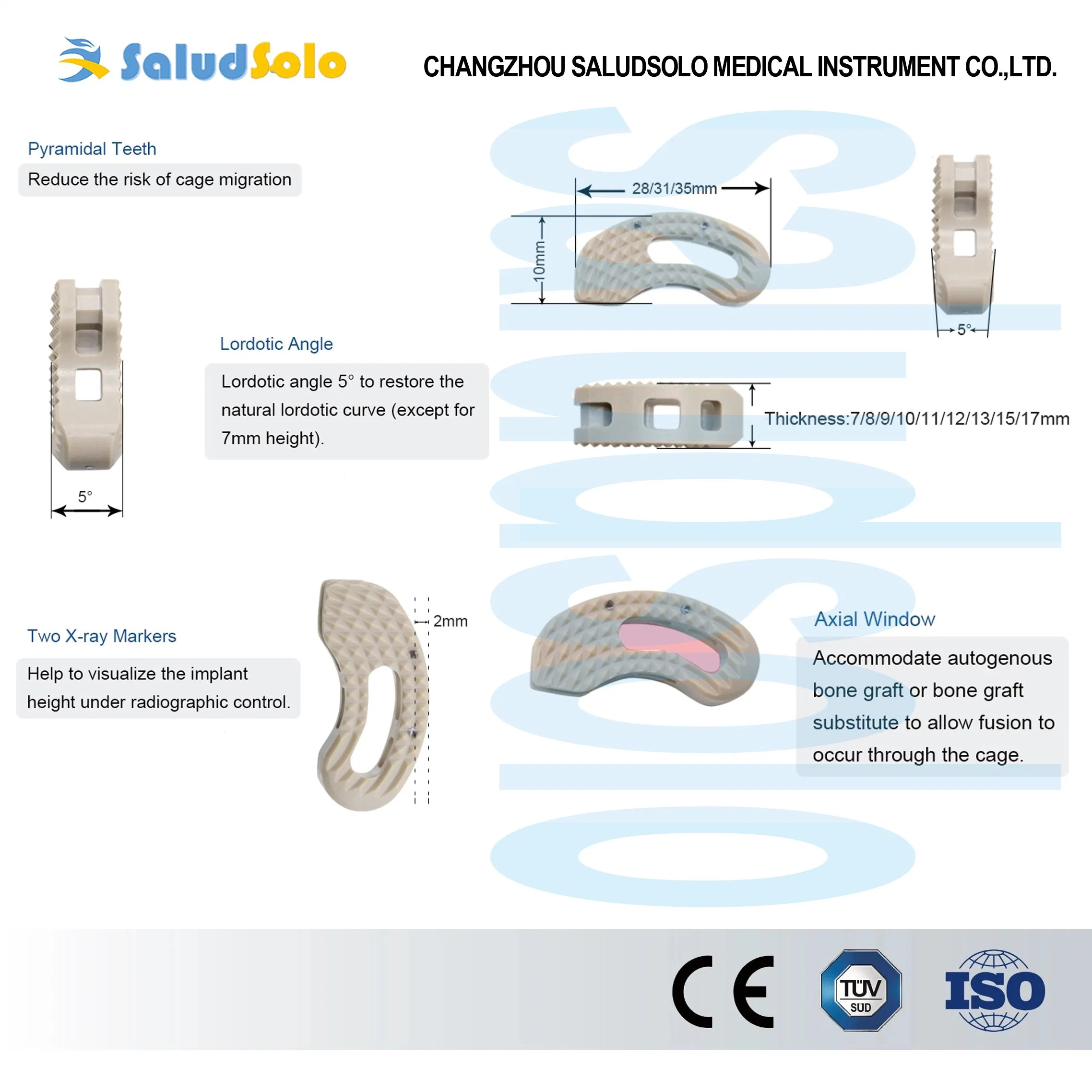 Fusion lombaire Transforaminal intervertébraux (TLIF) Système de Cage, Peek implant orthopédique pour la chirurgie de la colonne vertébrale, ce&amp;certifié ISO