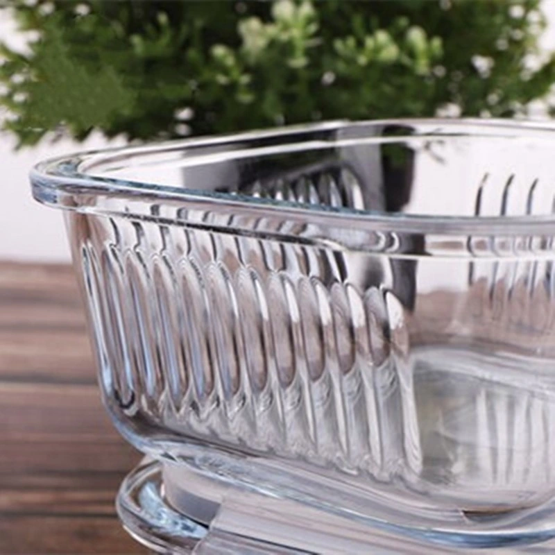 Glass Lunch Box with Embossed Stripe Pattern and Locking Lid