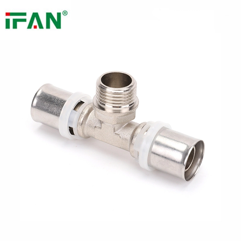 Ifan 1/2''-3/4'' Silver Color Equal Pex Press Male Thread Brass Tee Fitting