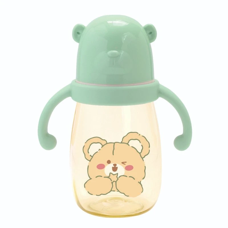 300ml Wide Neck Plastic Cartoon Baby Bottle with Handle OEM/ODM