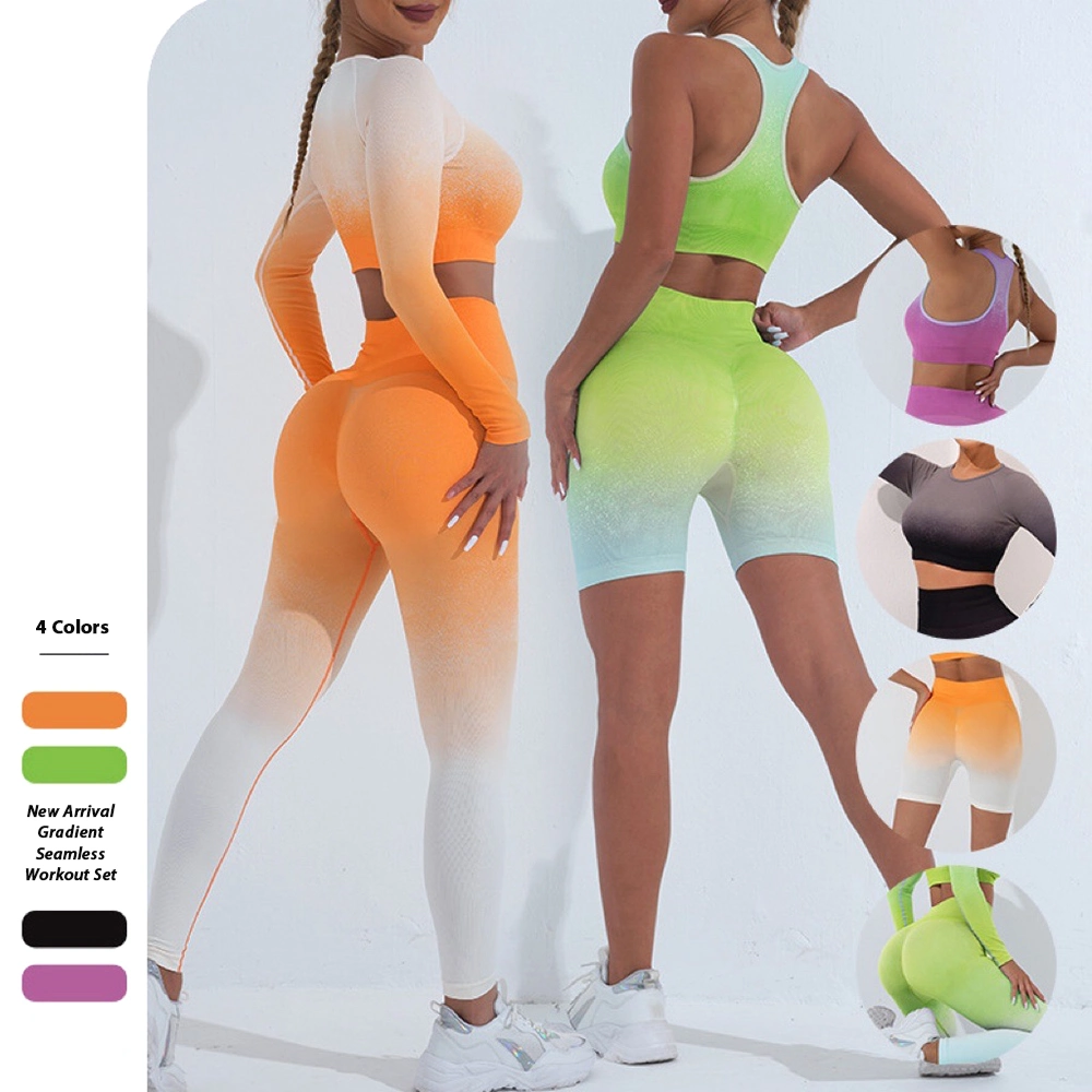 Neues Design Ombre Rainbow Colo Bodybuilding Gym Wear für Frauen, Private Label Cute Casual Fitness Nahtloses BH + Workout Top + Sportshorts + Yoga Pants Anzüge