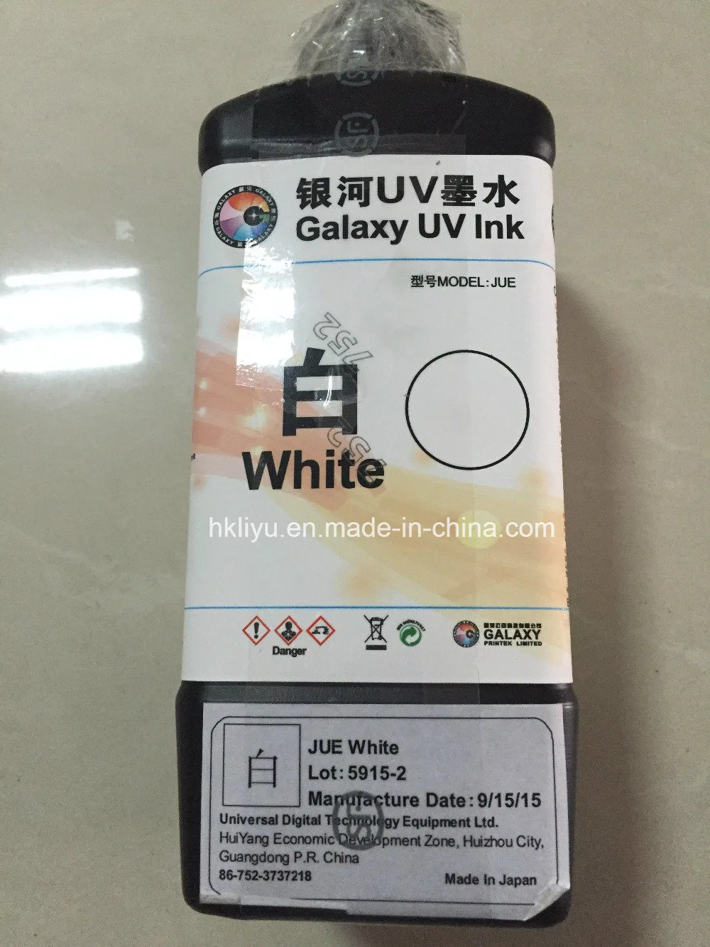 Galaxy UV Ink 5 Farbe C M Y K W 1000ml Galaxy UV Tinte für DX5 Druckkopf hergestellt in Japan Galaxy UV Siebdruckfarbe für Metalldruck UV Tintenstrahldrucker