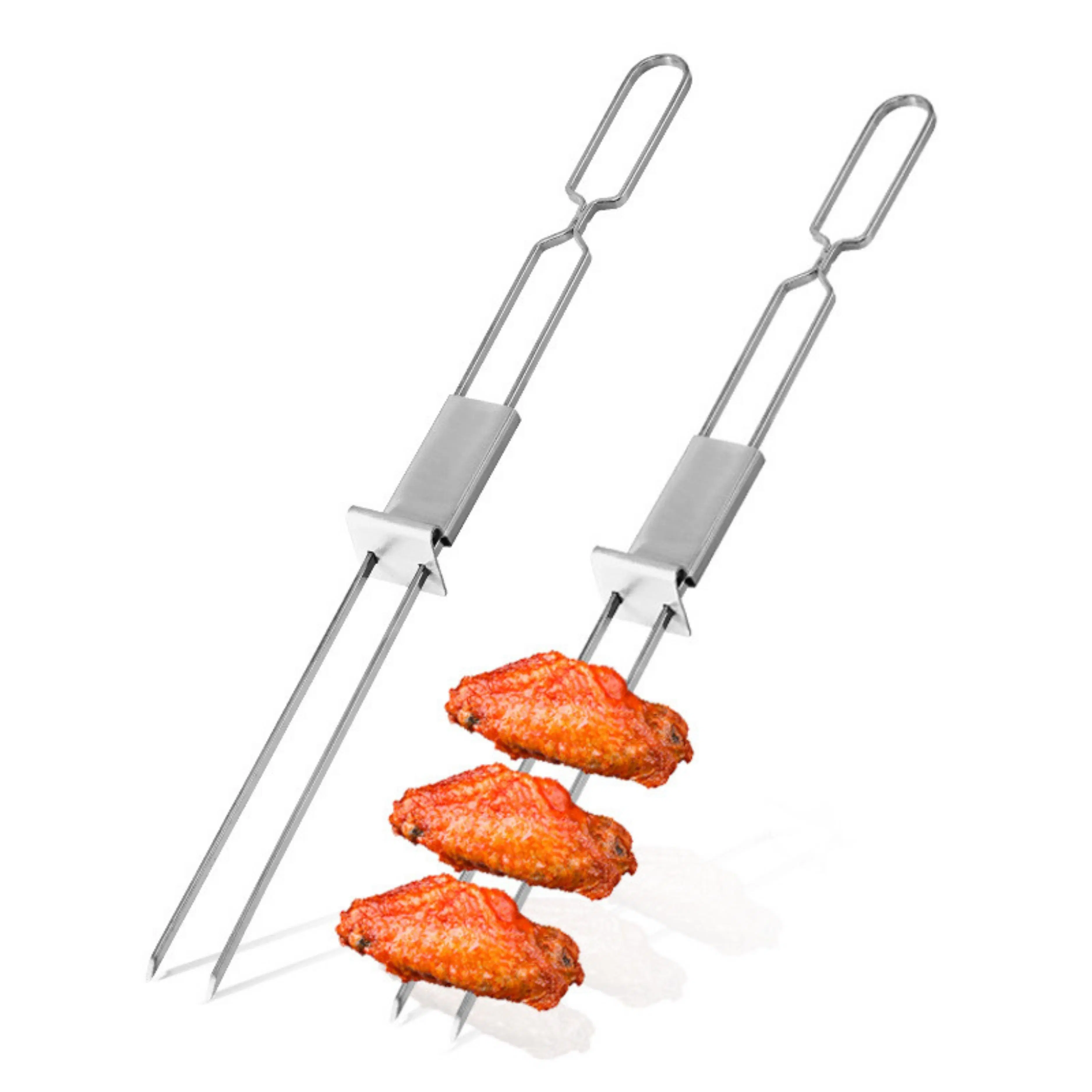 Skewers for Grilling-Long Double Pronged BBQ Skewers with Push Bar