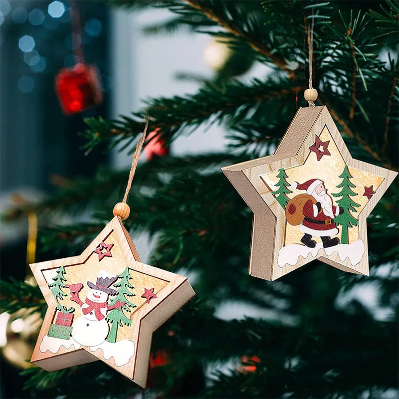 Wooden/Wood Christmas Tree Ornaments Set of 2 Stars Snowman and Santa Claus Hanging Decorations