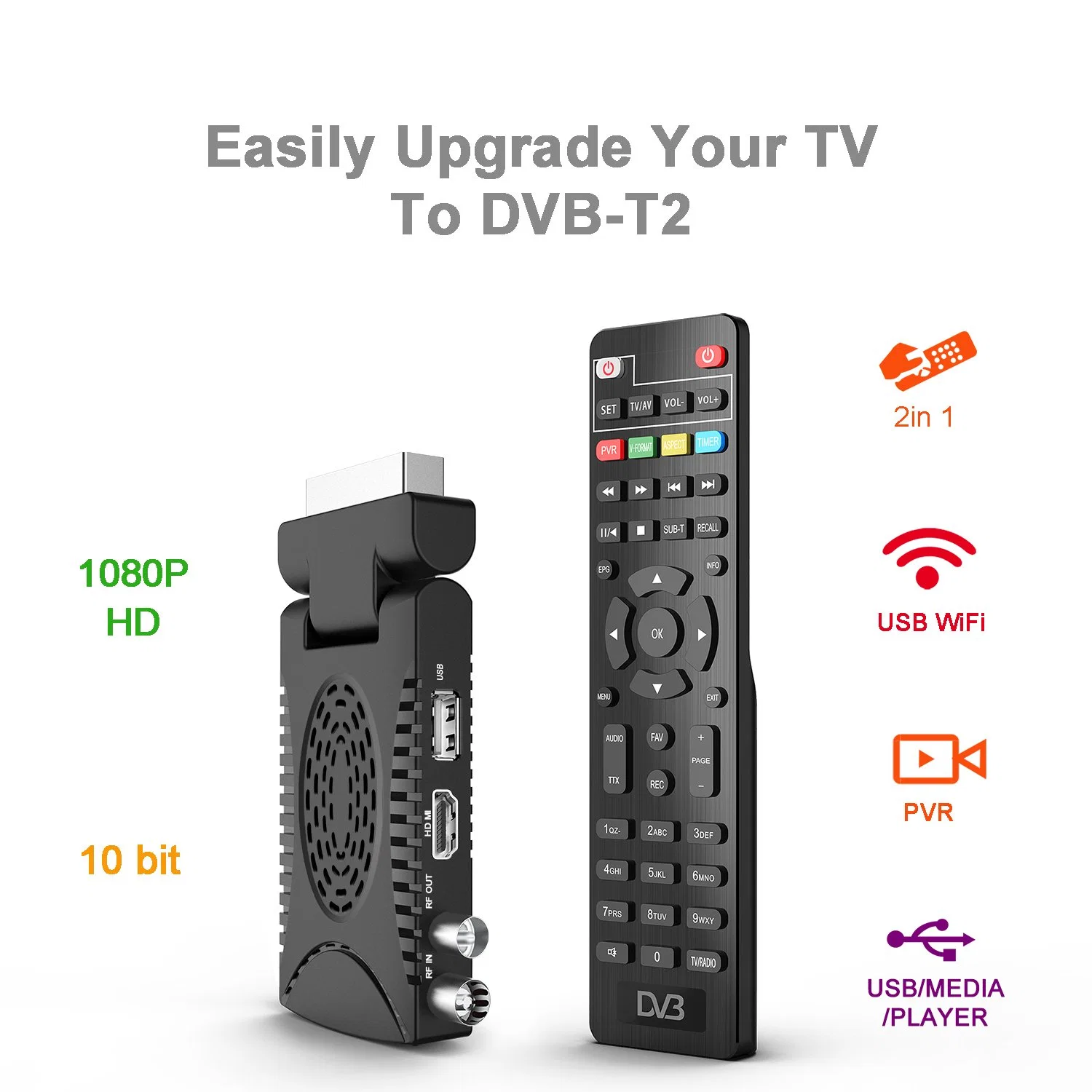 جهاز استقبال DVB-T2 بآلة فك تشفير جهاز فك تشفير جهاز فك تشفير جهاز فك تشفير جهاز فك تشفير رقمي عالي الوضوح بالكامل وحدة حماية التلفزيون T265 H265 HEVC 10 Bits TV Stick