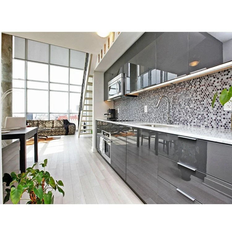 Gray Glossy Ready Made Modern Custom Modular Kitchen Cabinet Design