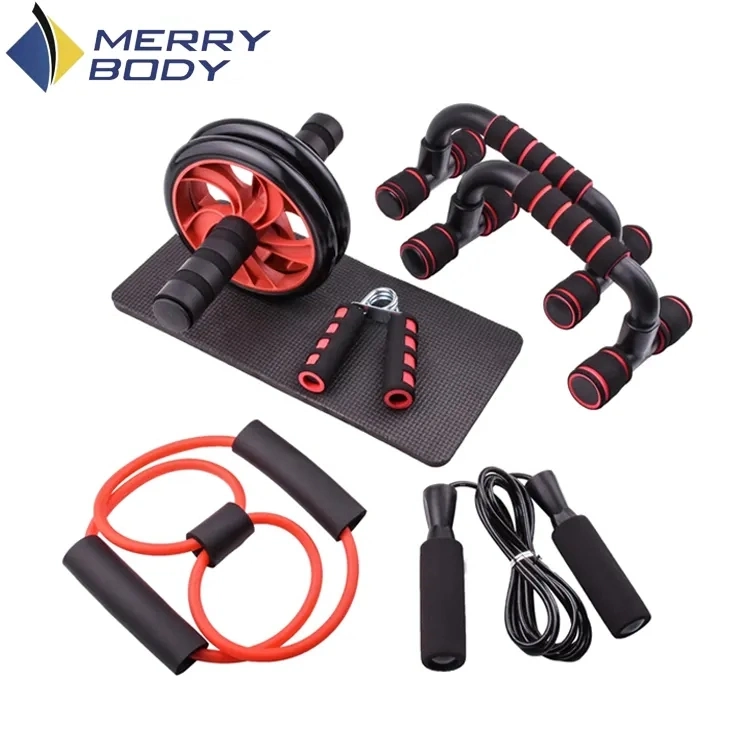 Exercise Mute Power Stretch Muscle Resistance Trainer Band Double Ab Wheel Abdominal Roller