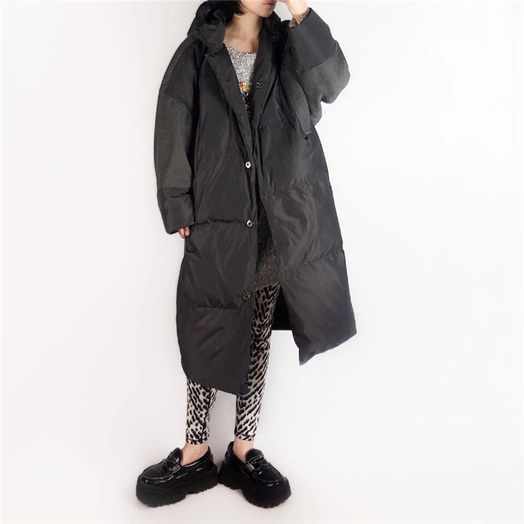 Custom Oversized Design Black Polyester Women Warm Girl Long Hooded Duck Down Jacket Coat Clothing for Winter Lady