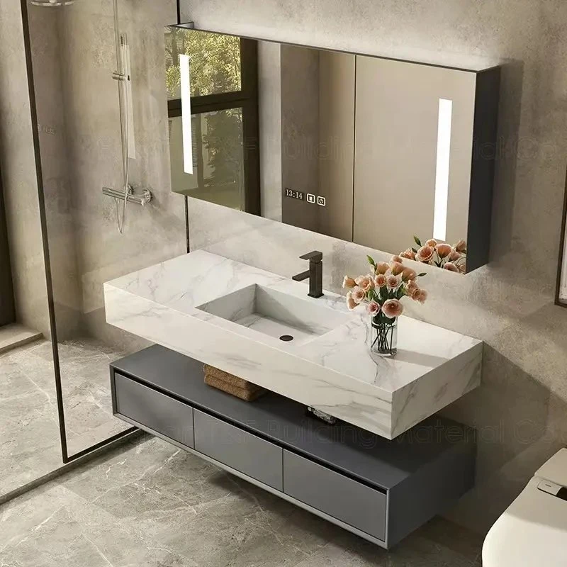 Luxury Hotel Washroom Slate Basin Countertop Waterproof Oak Wood Vanity LED Mirror Bathroom Cabinet