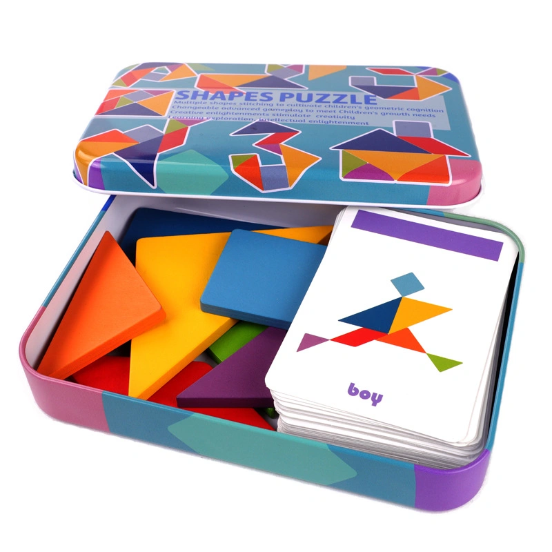 Montessori Wooden Tangram 7 Piece Jigsaw Puzzle Colorful Square Iq Game Brain Teaser Intelligent Educational Toys for Kids