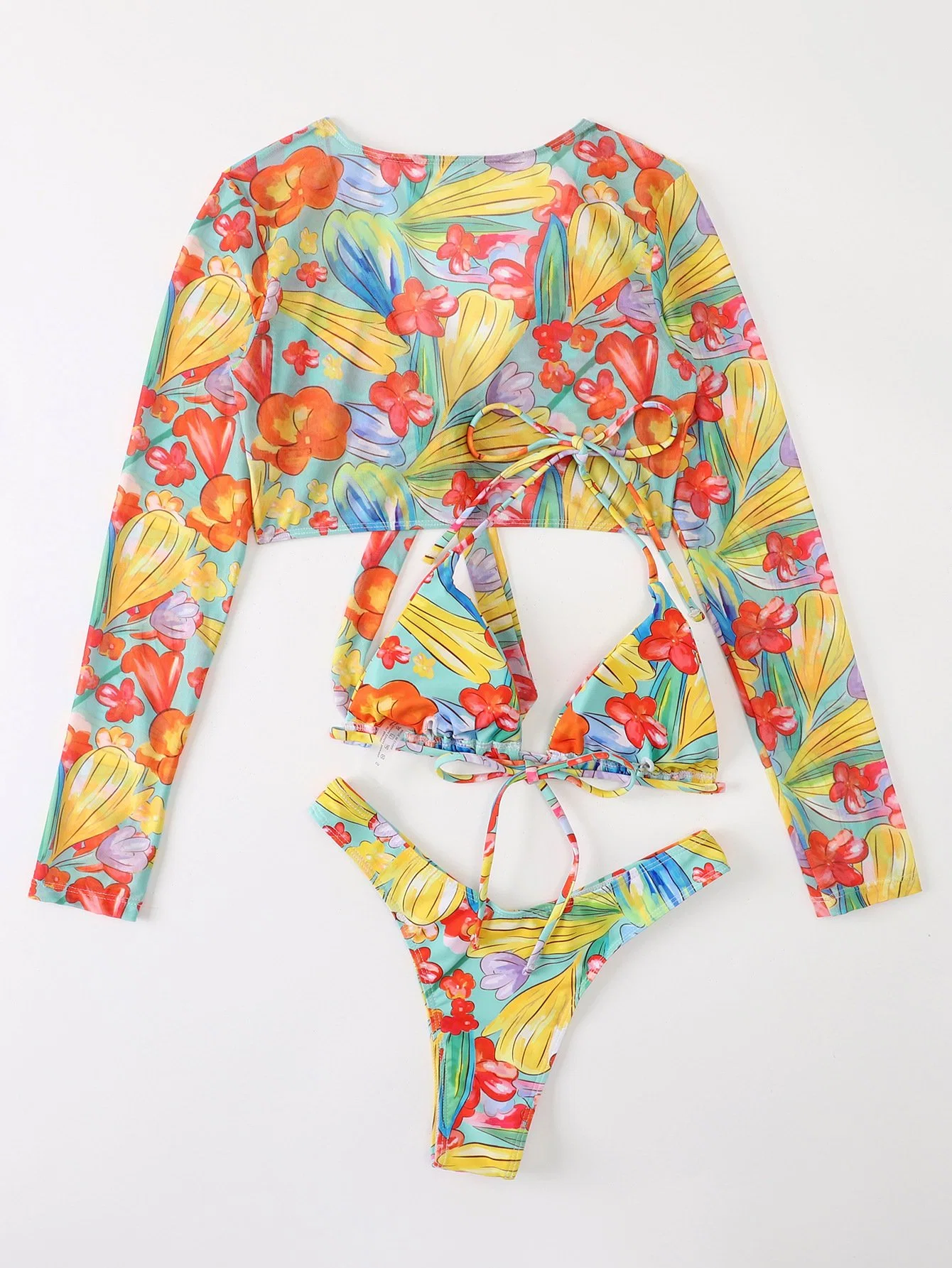 2022 New Low MOQ 3 Piece Luxury Bikini Floral Swimwear Long Sleeve Swimsuits