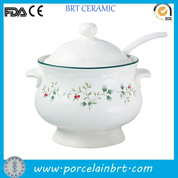 Simple Flower Printed Ceramic Soup Tureen with Ladle Wholesale