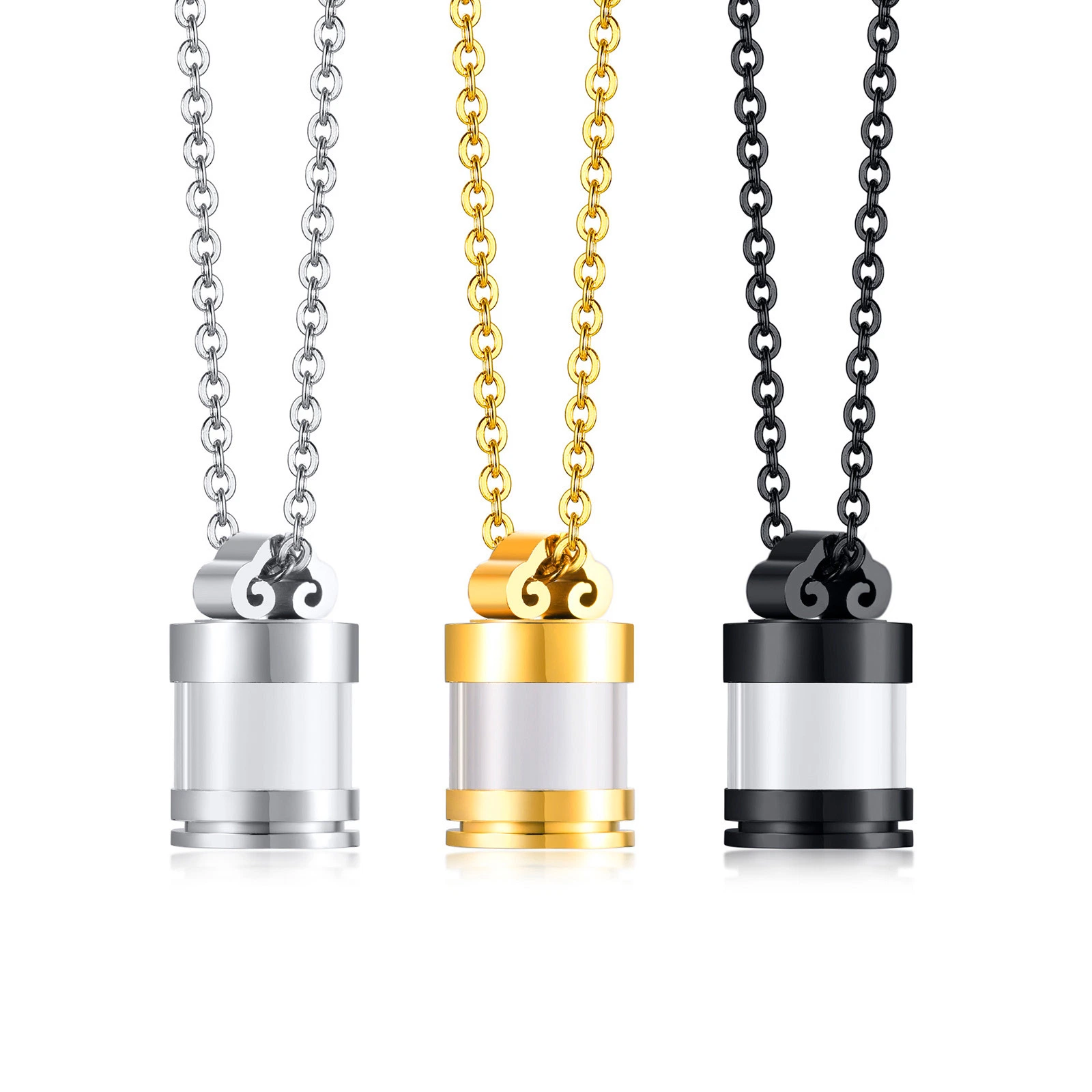 Stainless Steel Glass Clear Urn Can Be Opened Pendant Steel Color Men's and Women's Necklace Perfume Box