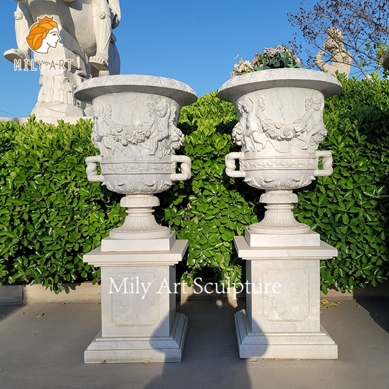 Hand-Carved Outdoor Big Marble Flower Vase Planter Pots with Sculpture