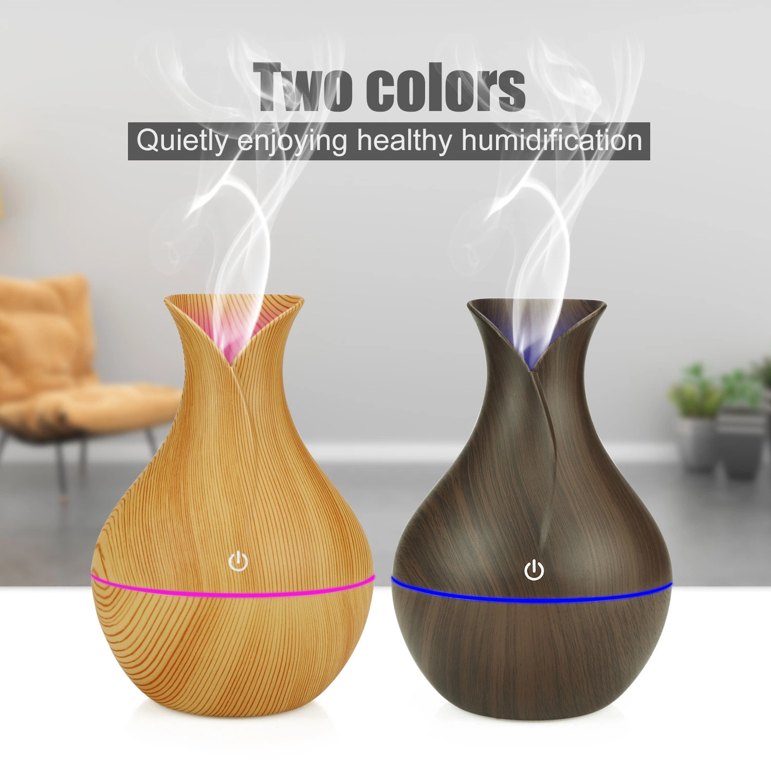 Humidificador USB Luminous 5V Home Humidador de aire de gran volumen de niebla Purificador de grano de madera 300ml