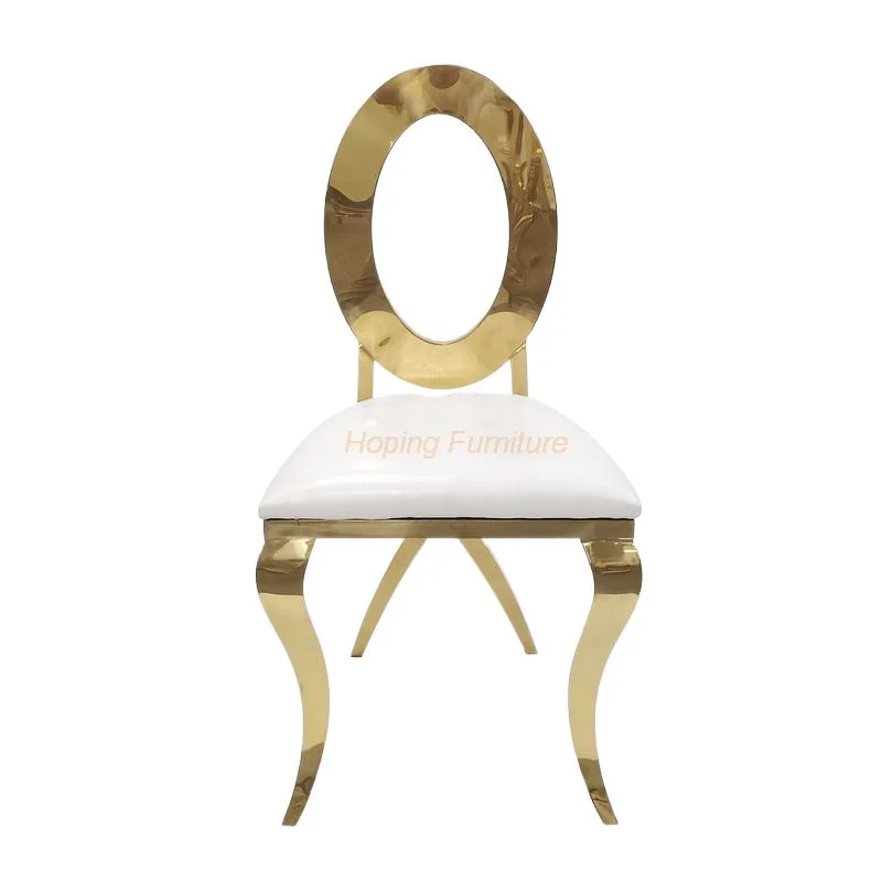 Vente chaude Prix de gros Salon Chaise de loisirs Meubles Hôtel Restaurant Dossier rond avec Creux Chaise en acier inoxydable de haute qualité pour salle à manger de mariage en or.