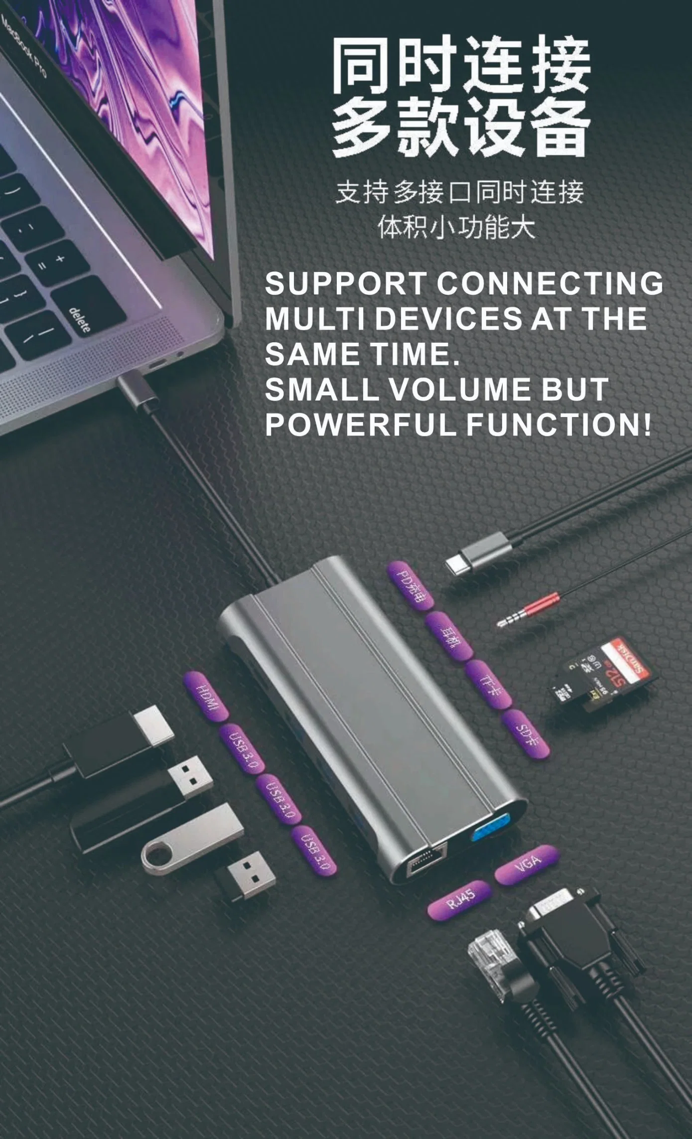 7 em 2 USB HUB C Adaptador 3.0 Tipo C Hub USB com 2 portas 3.0 Hub e leitor de cartão TF SD para o MacBook