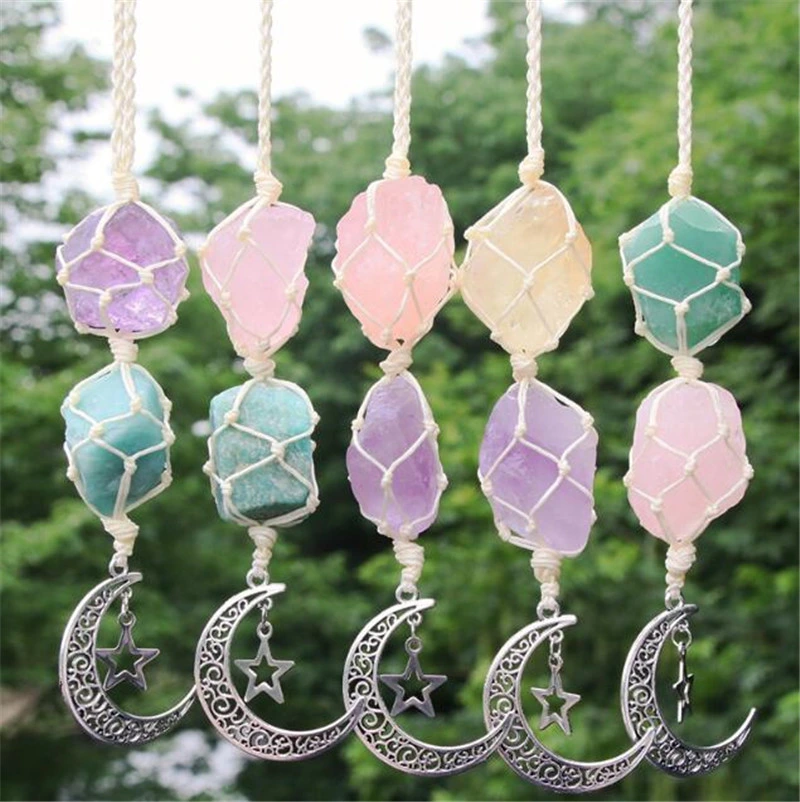 Raw Gem Stone Alloy Moon Star Pendant Car Hanging Ornament Healing Crystals Window Home Wall Diffuser Decoration