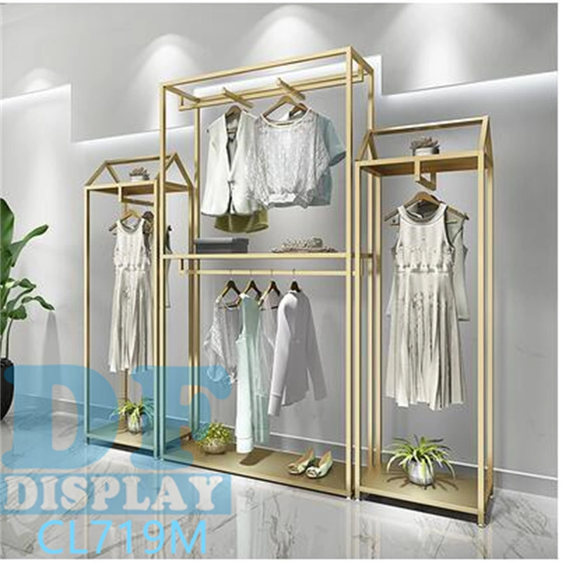 عرض Garment Furniture Display Golden Garment Rack Boutique Urniture Display رف الملابس الصناعية حامل الأنابيب