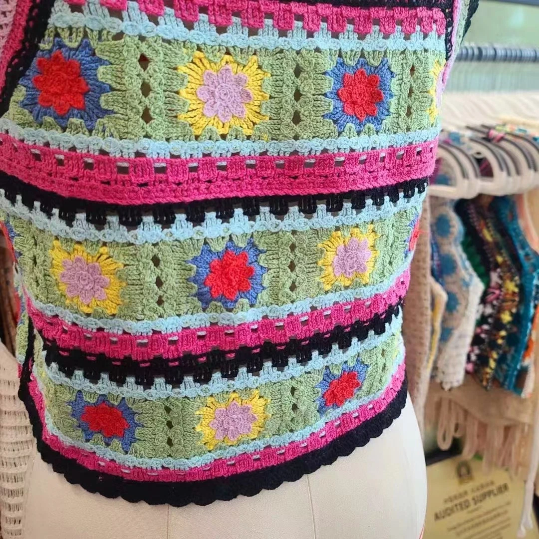 Señoras coloridas prendas de ropa de moda Primavera Verano tejidos acrílicos Crochet Chaleco de mujer Top