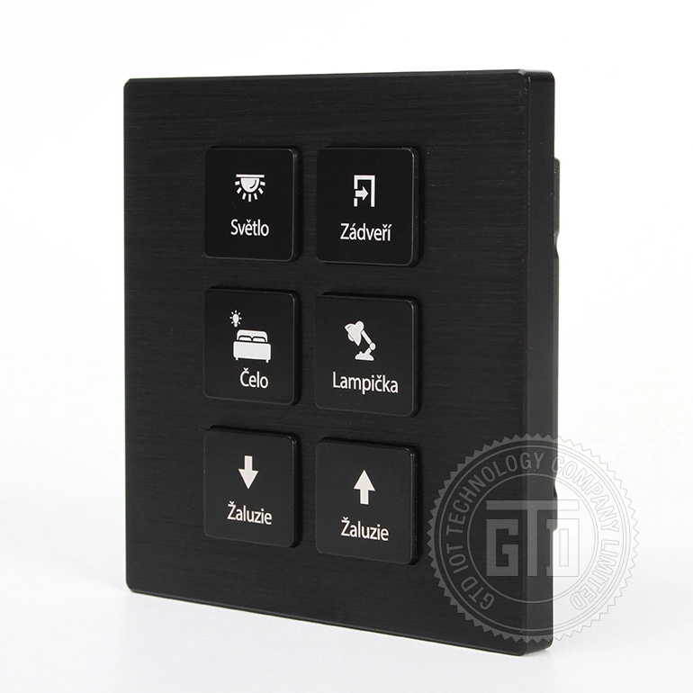 Customized Czech Language Factory Made Luxury Black Color CNC Metal Panel 12V DC Dry Contact 6 Gang Push Button