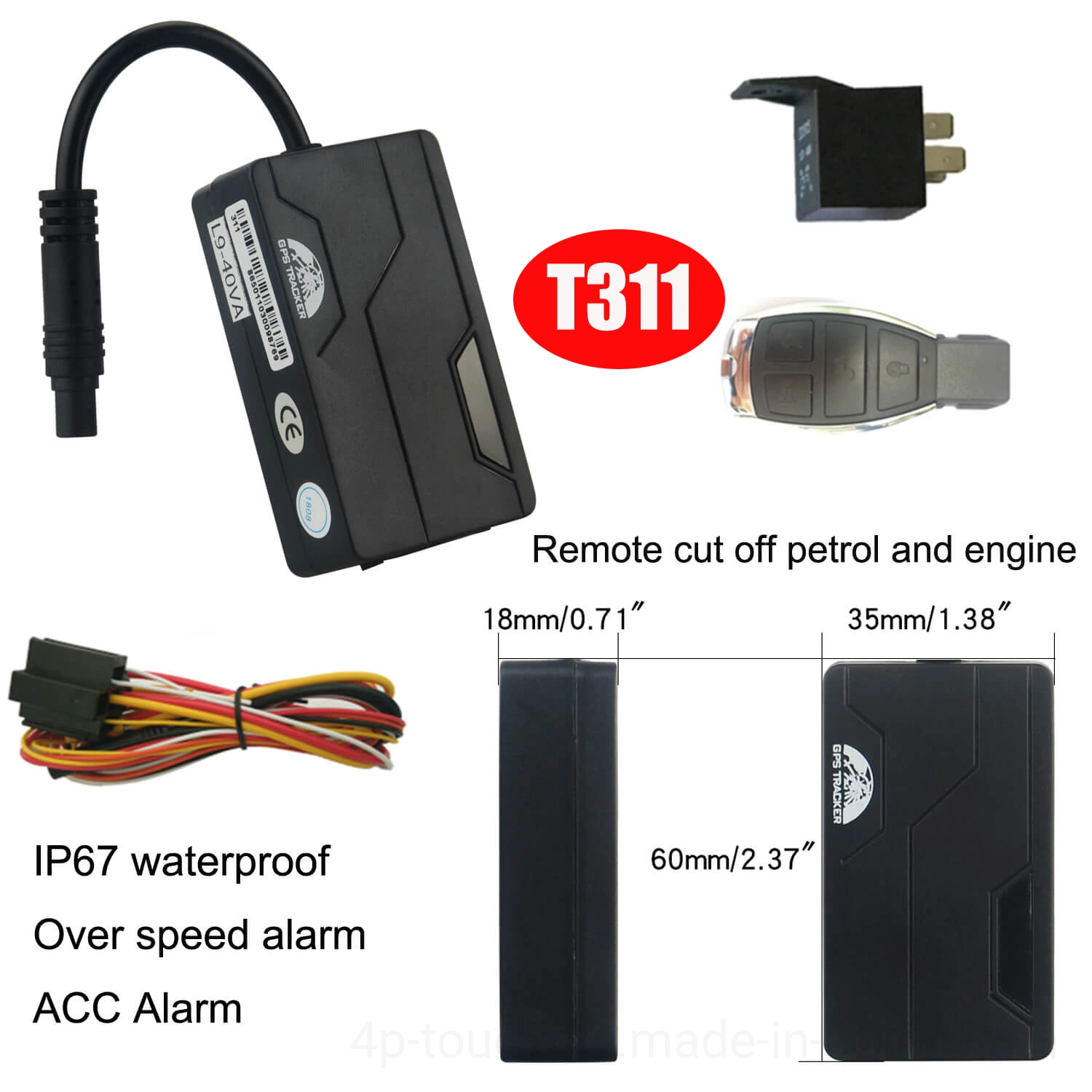 Caliente la calidad de la venta de 2G Antirrobo Impermeable IP67 Alquiler de vehículo Tracker GPS con alarma de exceso de velocidad de corte remoto Motor T311