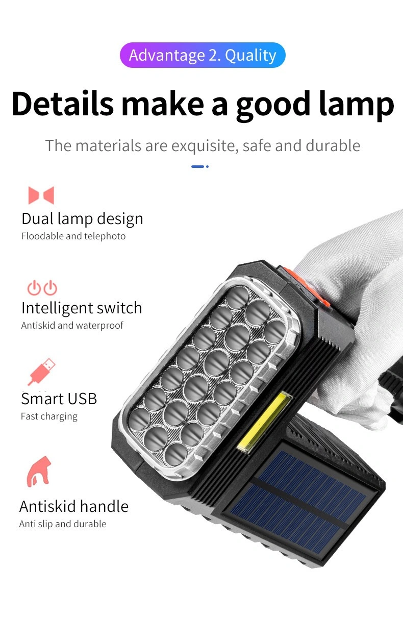 5 в 100 мА Солнечный COB Flashlight с 20 СВЕТОДИОДАМИ для использования вне помещений Осмотр кемпинга Экстренная портативная водонепроницаемая светодиодная вспышка фонарик