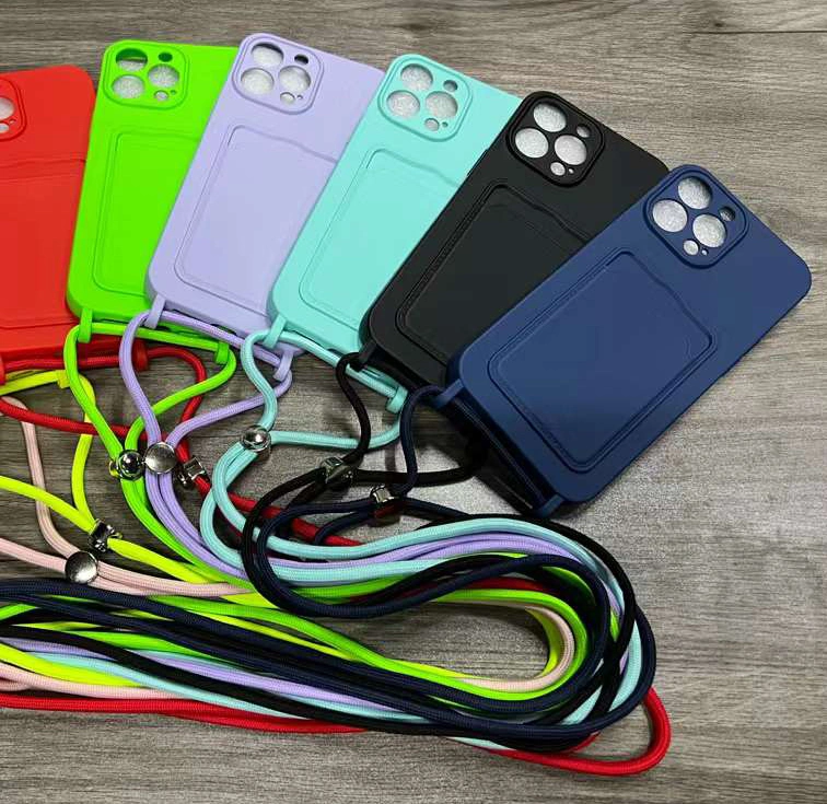 Candy Color cadena Correa Titular de la tarjeta funda para el teléfono para el iPhone X 11 12 13 14 PRO Max silicona totalmente protectora Cubierta