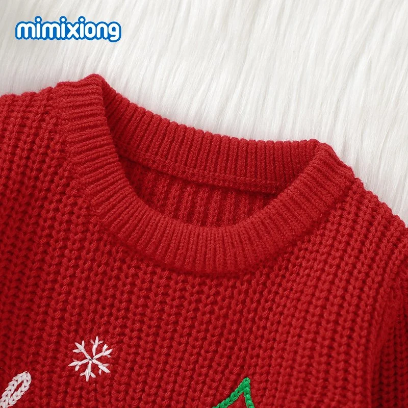 Mimixiong Weihnachten Stickerei Baby Pullover Unisex Langarm Strickpullover Babykleidung