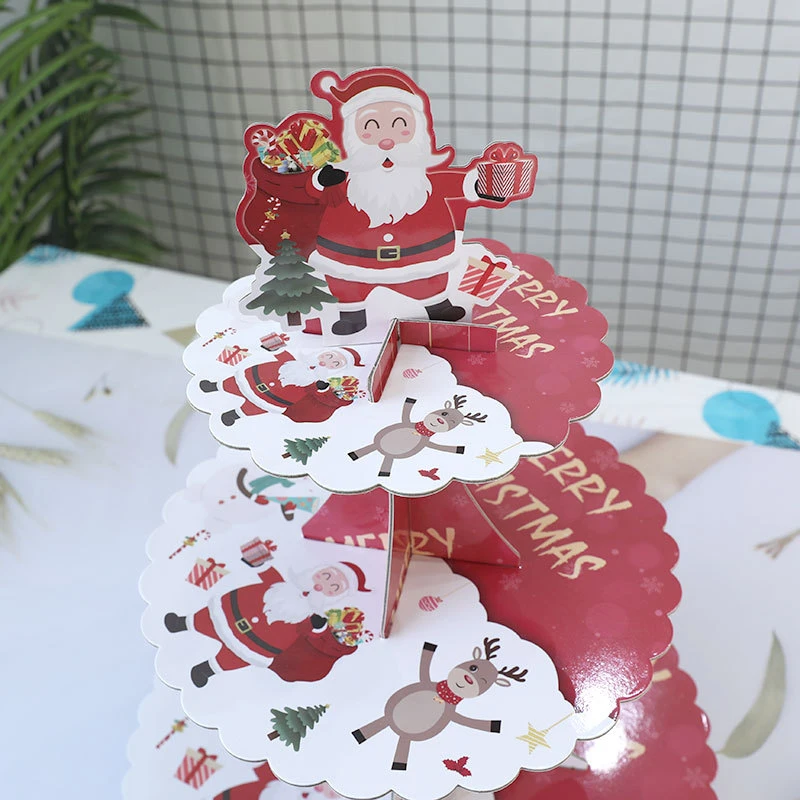 Christmas Decoration Dessert Stand Display Stand Three-Layer Paper Fruit Stand Santa Claus Disposable Cake Stand