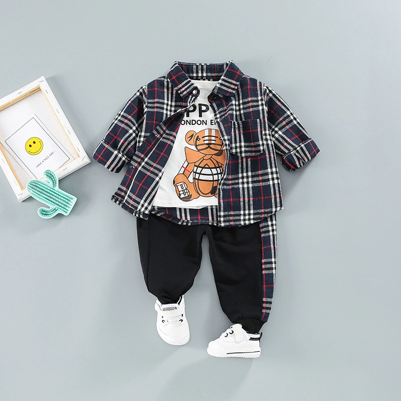 Nuevo diseño Baby Boy Set Camiseta+Camisetas de manga larga con rejilla+ algodón Pantalones ropa para niños