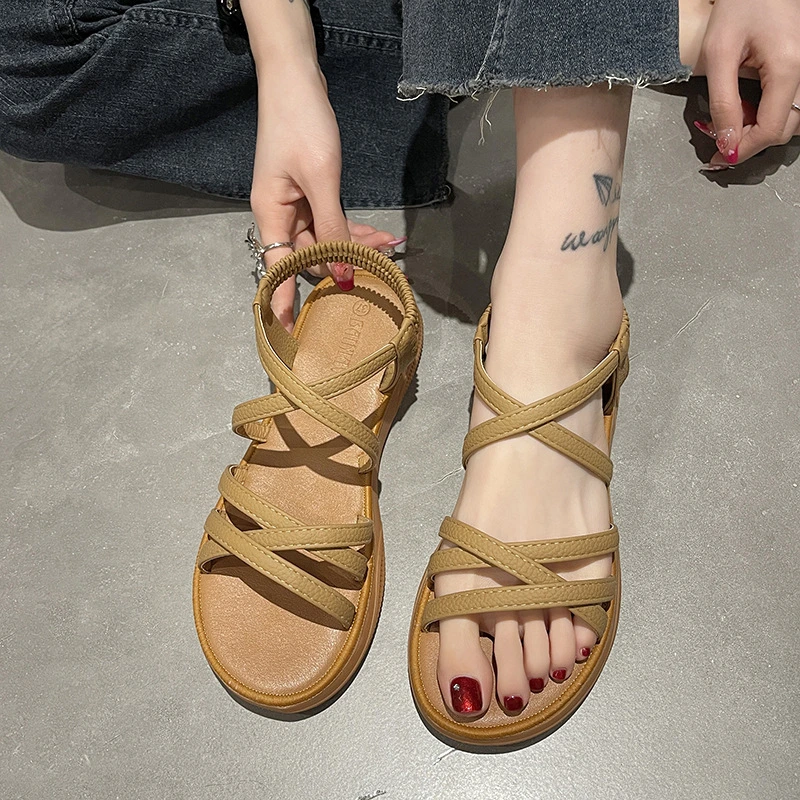 2023 Summer New Korean Version of Flat Sandals Female Elastic Strap Set Foot Cross Soft Sole Student Casual Sandals Wholesale