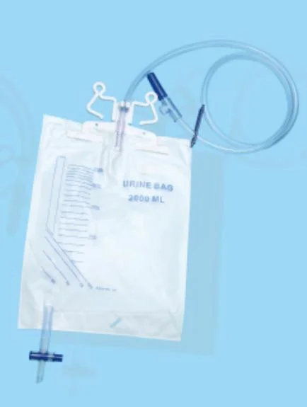 322 Shape, 2000ml Drainage Bag, with 120cm Inlet Tube, with Non Return Valve, Air Vent, Bed Sheet Clamp, Needleless Sampling Port, T-Tap Bottom Draining.