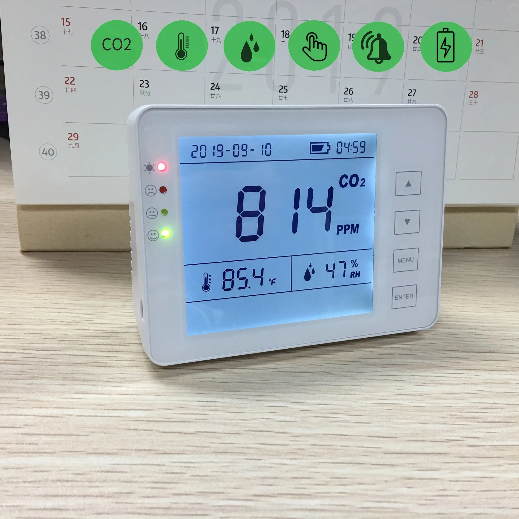 Desktop Indoor CO2 Monitor for CO2, Temperature, Humidity Battery Powered Indoor CO2 Meter