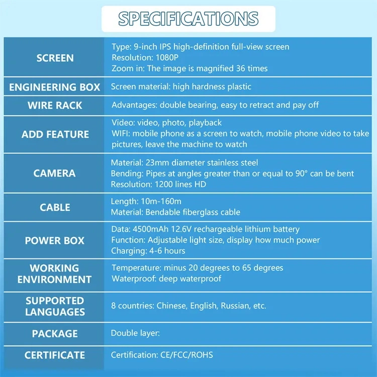 Câmara de esgoto TUBO DE 100 PÉS Inspecção de linha Câmara de 9 polegadas Cor Monitor LCD Equipamento de inspeção de tubos IP68 boroscópio à prova de água