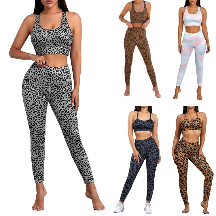 2 pieza impresa leopardo Sexy porrista gimnasio conjuntos de ropa para niñas, cómodos Racerback entrenamiento conjunto Polainas Bicicleta de cintura alta con acolchado, el Yoga sostén deportivo