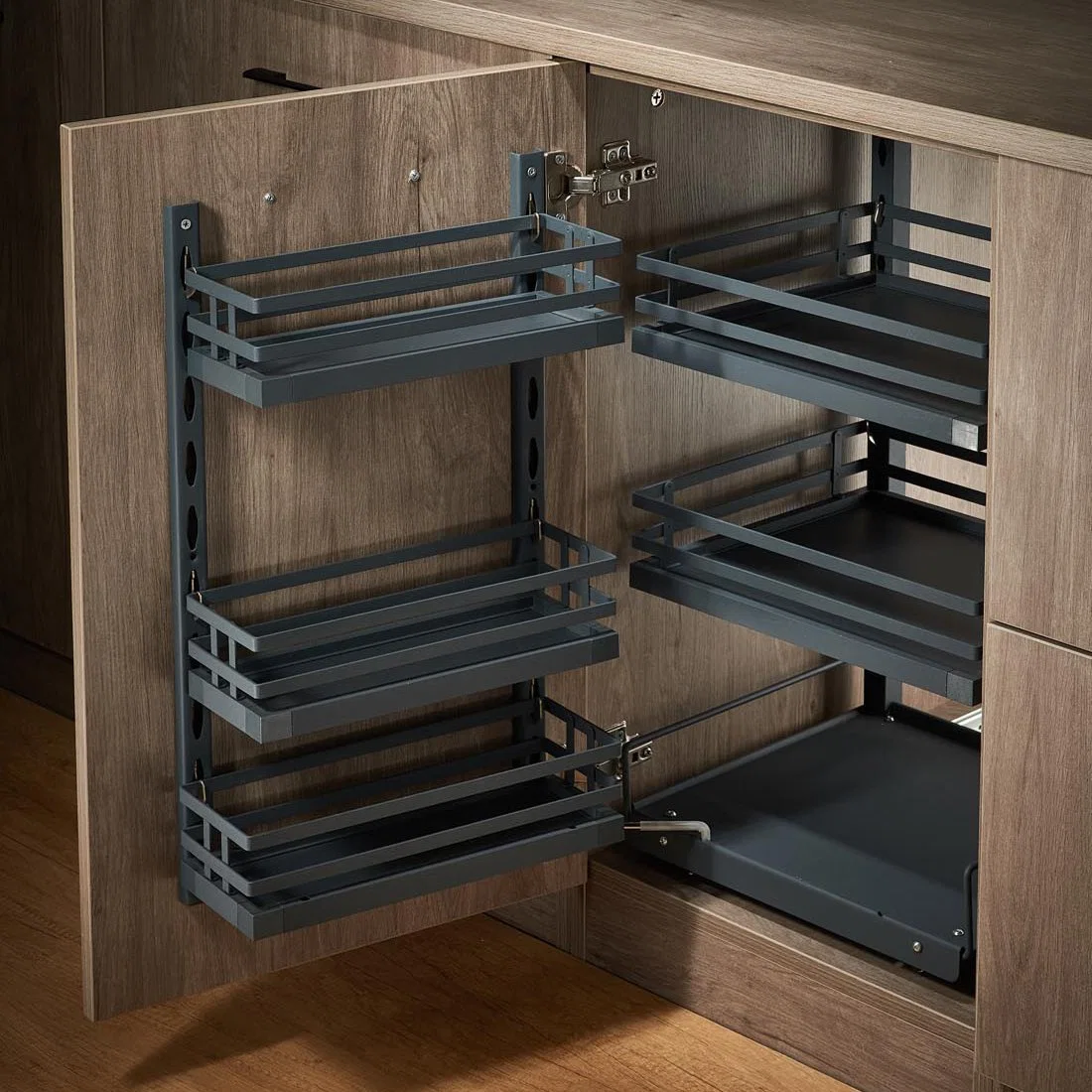Wellmax 450mm 3 Layers Iron Wire and Wooden Basket Kitchen Cabinet Linked Storage Organizer Soft-Close Magic Corner Storage Shelf