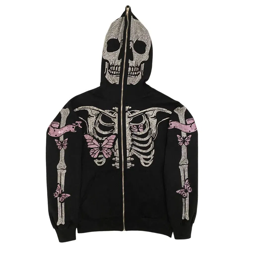 Custom Logo Printing Embroidery Full Face Zip Hoodie Rhinestone Skeleton Street Wear Sports Gym Heavy Weight Casual Workout Oversized Hoodies for Men