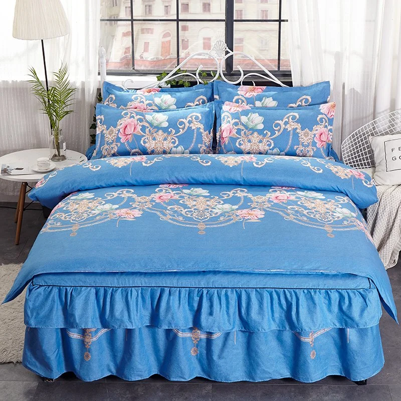 Falda de la cama azul floral 4 piezas Conjunto de ropa de cama de poliéster