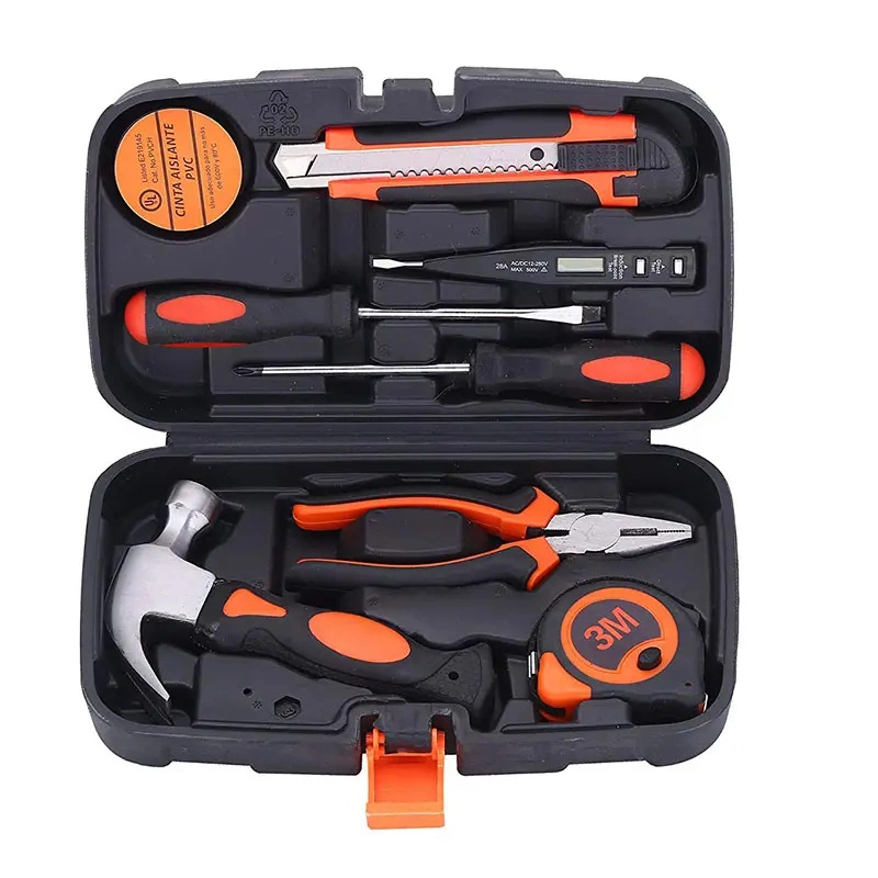 9 PCS Professional Multifunction Plastic Case Carbon Steel Tool Box Mechanic Home House Hand Tools Kit Set for Amazon Sellers
