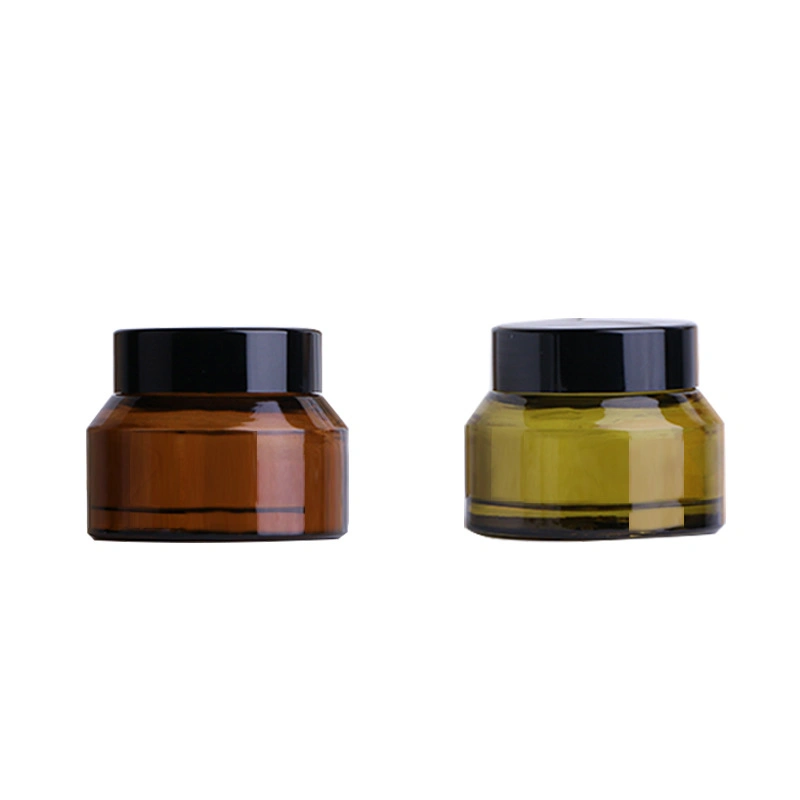 50g Olive Green Transparent Tea Shoulder Cream Jar with Black Glossy Cover Eye Cream Glass Jars