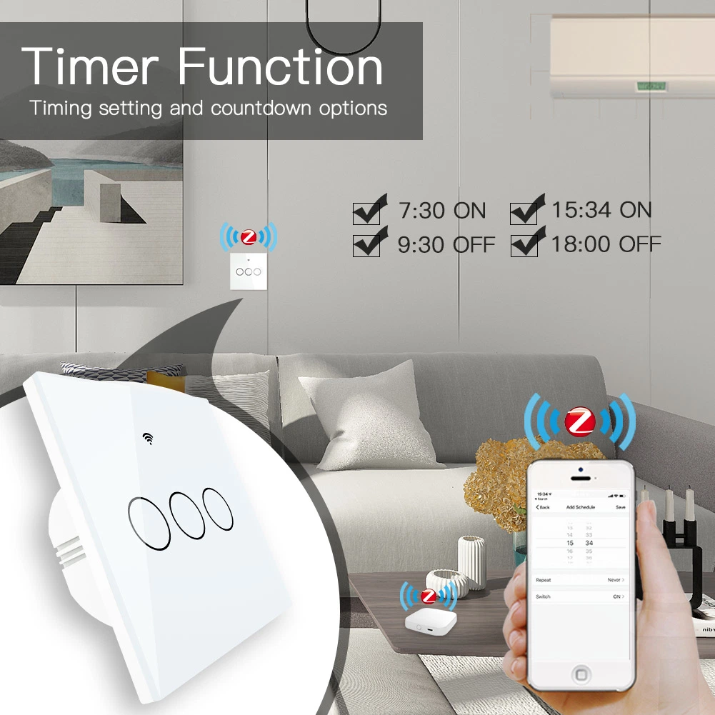 1/2/3 Gang Smart Home APP Control Tempered Glass Wireless Touch Smart WiFi Light Wall Switch with Google Alexa